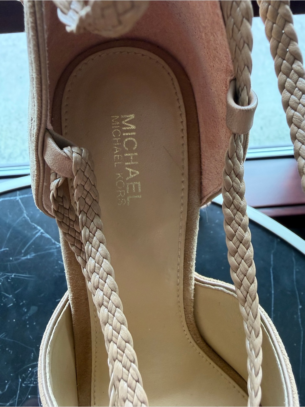 Michael Kors Beige Suede Wedge Sandals Peep Toe Lace Up Ankle Tie Platform Heels - Picture 3 of 3